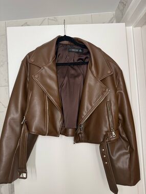 Lioness Chocolate Brown Faux Leather Cropped Moto Jacket